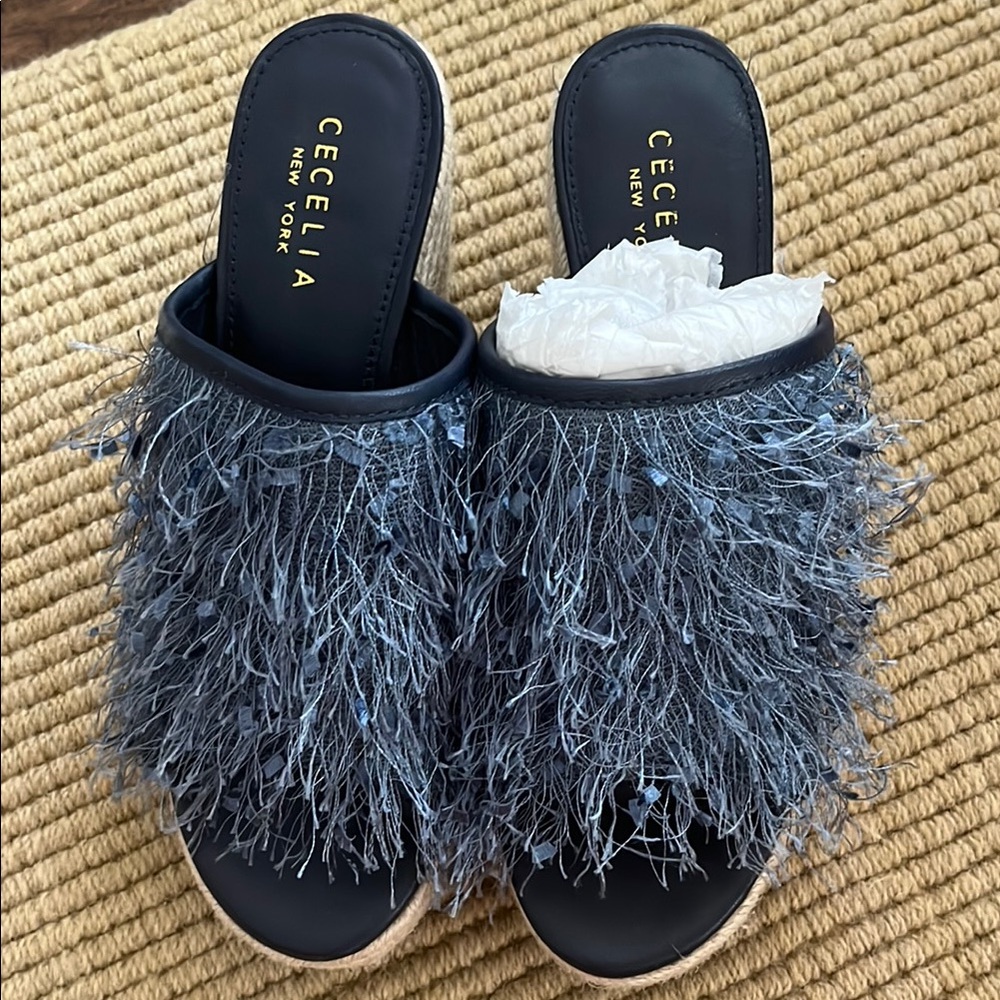 Cecelia New York Blue Feather Mules